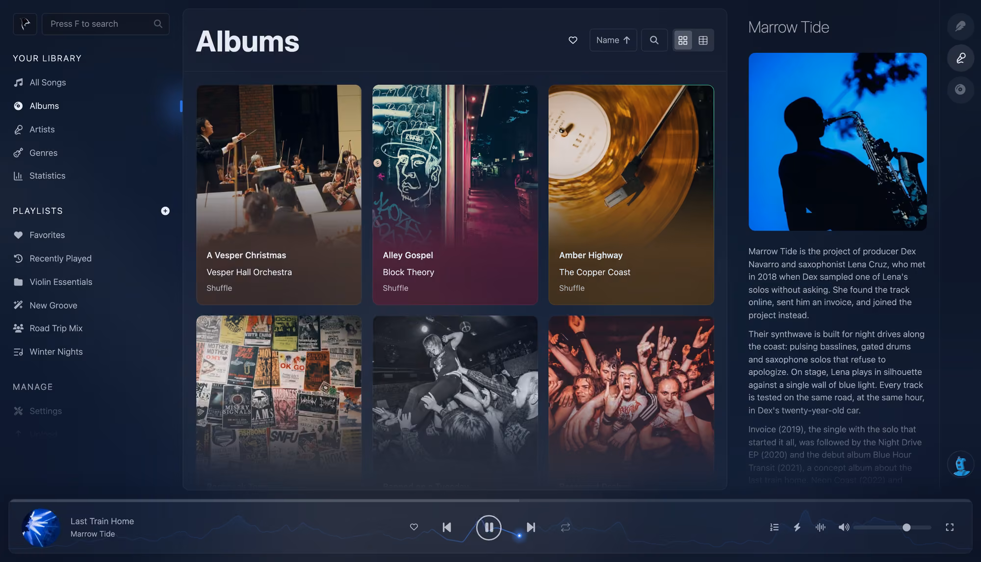 Koel's albums screen with the artist's bio next to the song playing